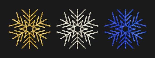 flocons de neige scintillants sur fond sombre. ensemble de trois flocons de neige à paillettes dorées, argentées et bleues. éléments de décoration de noël et du nouvel an. illustration vectorielle. vecteur