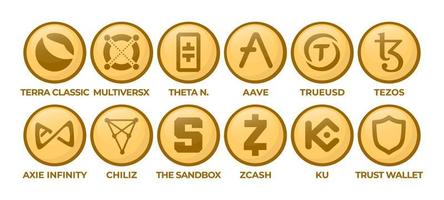 ensemble de pièces de logo de crypto-monnaie terra classic, multiversx, réseau thêta, aave, trueusd, tezos, axie infinity, chiliz, le bac à sable, zcash, kucoin, portefeuille de confiance vecteur