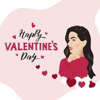 femme souriante avec des coeurs mignons attendant la saint valentin. happy valentines day lettering.conception de carte de voeux festive. illustration vectorielle. vecteur