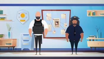 policiers ou miliciens au poste de police ou au département, intérieur de la salle du bureau d'enquête, illustration de dessin animé. vecteur