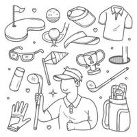 doodle ensemble d'outils et d'équipements de sports de golf dessinés à la main vecteur