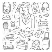 pilote et objet aéroport doodle dessinés à la main vecteur