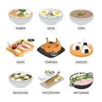ensemble de vecteurs alimentaires japonais. ensemble de plats célèbres au japon illustration vectorielle plane, dessin animé clipart. sushis, ramen, udon, soba, tempura, . nourriture asiatique. cuisine japonaise. conception de vecteur d'aliments japonais