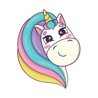 jolie tête de licorne kawaii avec crinière et corne arc-en-ciel dans un style anime vecteur