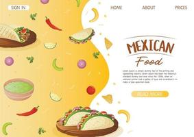 modèle de page de destination de site Web avec quesadilla de plat mexicain et empanadas sur un plateau en bois. restauration rapide et collations de rue, tortillas à la viande, livraison de plats à emporter vecteur