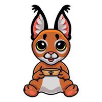 dessin animé mignon chat caracal tenant un bol de nourriture vecteur