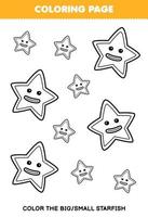 jeu d'éducation pour les enfants coloriage grande ou petite image de dessin animé mignon étoile de mer dessin au trait feuille de travail sous-marine imprimable vecteur