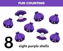 jeu éducatif pour les enfants amusant compter huit coquille violette feuille de travail sous-marine imprimable vecteur