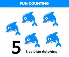 jeu éducatif pour les enfants amusement compter fie dauphins bleus feuille de travail sous-marine imprimable vecteur