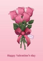 carte de voeux saint valentin avec bouquet de dessin animé de roses roses. symboles d'amour pour cadeaux, cartes, affiches. illustration vectorielle. vecteur