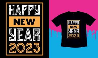 bonne année 2023, conception de t-shirt de bonne année, illustration vectorielle de lettrage isolée sur fond noir, quotas d'autocollants de nouvel an, sac, tasses, carte, cadeau. vecteur