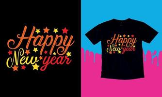 bonne année 2023, conception de t-shirt de bonne année, illustration vectorielle de lettrage isolée sur fond noir, quotas d'autocollants de nouvel an, sac, tasses, carte, cadeau. vecteur