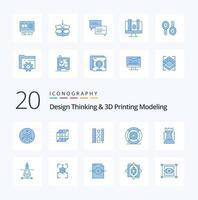 20 design thinking et d printing modeling pack d'icônes de couleur bleue comme le filament d'impression de crayon de divertissement roi vecteur