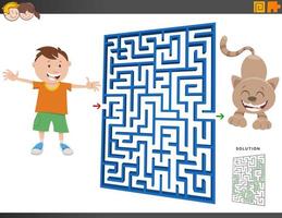 jeu de labyrinthe avec dessin animé garçon et chaton vecteur