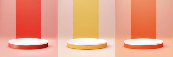 podium rouge orange jaune. fond de scène abstraite. présentation du produit, maquette, produit cosmétique, podium vierge, socle de scène ou plate-forme. vecteur 3D.