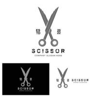 création de logo de ciseaux, illustration vectorielle icône d'outil de coupe autocollant bannière et marque de société de coiffeur vecteur