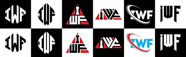 création de logo de lettre iwf en six styles. iwf polygone, cercle, triangle, hexagone, style plat et simple avec logo de lettre de variation de couleur noir et blanc dans un plan de travail. logo iwf minimaliste et classique vecteur