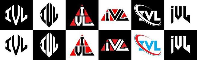 création de logo de lettre ivl en six styles. ivl polygone, cercle, triangle, hexagone, style plat et simple avec logo de lettre de variation de couleur noir et blanc dans un plan de travail. ivl logo minimaliste et classique vecteur