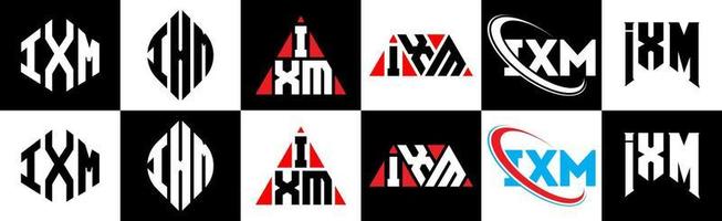 création de logo de lettre ixm en six styles. ixm polygone, cercle, triangle, hexagone, style plat et simple avec logo de lettre de variation de couleur noir et blanc dans un plan de travail. logo minimaliste et classique ixm vecteur