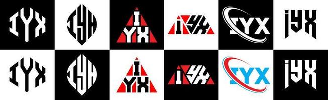 création de logo de lettre iyx en six styles. iyx polygone, cercle, triangle, hexagone, style plat et simple avec logo de lettre de variation de couleur noir et blanc dans un plan de travail. iyx logo minimaliste et classique vecteur