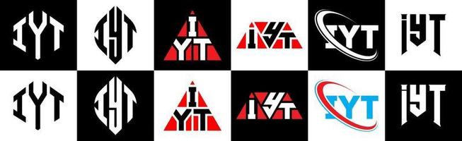 création de logo de lettre iyt en six styles. iyt polygone, cercle, triangle, hexagone, style plat et simple avec logo de lettre de variation de couleur noir et blanc dans un plan de travail. iyt logo minimaliste et classique vecteur