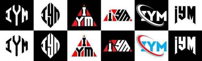 création de logo de lettre iym en six styles. iym polygone, cercle, triangle, hexagone, style plat et simple avec logo de lettre de variation de couleur noir et blanc dans un plan de travail. iym logo minimaliste et classique vecteur