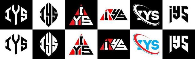 création de logo de lettre iys en six styles. iys polygone, cercle, triangle, hexagone, style plat et simple avec logo de lettre de variation de couleur noir et blanc dans un plan de travail. iys logo minimaliste et classique vecteur