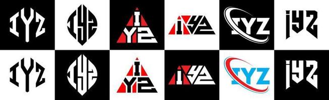 création de logo de lettre iyz en six styles. iyz polygone, cercle, triangle, hexagone, style plat et simple avec logo de lettre de variation de couleur noir et blanc dans un plan de travail. iyz logo minimaliste et classique vecteur