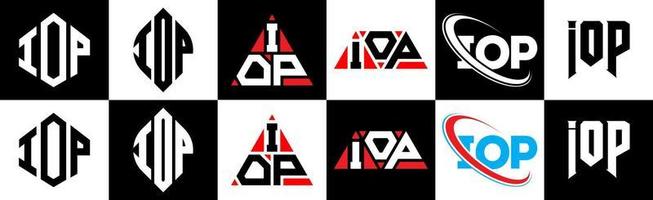 création de logo de lettre iop en six styles. iop polygone, cercle, triangle, hexagone, style plat et simple avec logo de lettre de variation de couleur noir et blanc dans un plan de travail. iop logo minimaliste et classique vecteur