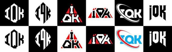 création de logo de lettre iqk en six styles. iqk polygone, cercle, triangle, hexagone, style plat et simple avec logo de lettre de variation de couleur noir et blanc dans un plan de travail. logo minimaliste et classique iqk vecteur