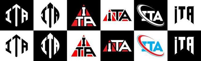 création de logo de lettre ita en six styles. ita polygone, cercle, triangle, hexagone, style plat et simple avec logo de lettre de variation de couleur noir et blanc dans un plan de travail. c'est un logo minimaliste et classique vecteur