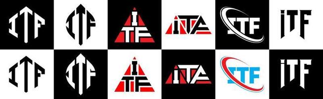 création de logo de lettre itf en six styles. itf polygone, cercle, triangle, hexagone, style plat et simple avec logo de lettre de variation de couleur noir et blanc dans un plan de travail. itf logo minimaliste et classique vecteur