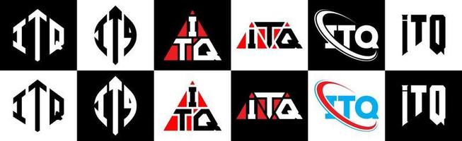 création de logo de lettre itq en six styles. itq polygone, cercle, triangle, hexagone, style plat et simple avec logo de lettre de variation de couleur noir et blanc dans un plan de travail. itq logo minimaliste et classique vecteur