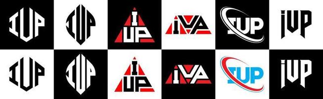 création de logo de lettre iup en six styles. iup polygone, cercle, triangle, hexagone, style plat et simple avec logo de lettre de variation de couleur noir et blanc dans un plan de travail. iup logo minimaliste et classique vecteur