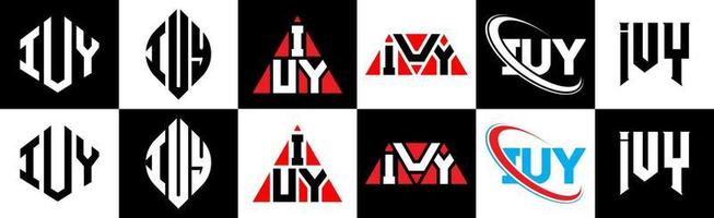 création de logo de lettre iuy en six styles. iuy polygone, cercle, triangle, hexagone, style plat et simple avec logo de lettre de variation de couleur noir et blanc dans un plan de travail. iuy logo minimaliste et classique vecteur