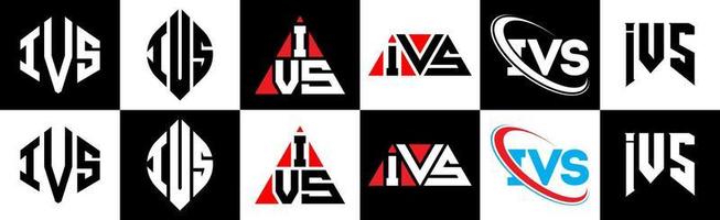 création de logo de lettre ivs en six styles. ivs polygone, cercle, triangle, hexagone, style plat et simple avec logo de lettre de variation de couleur noir et blanc dans un plan de travail. ivs logo minimaliste et classique vecteur