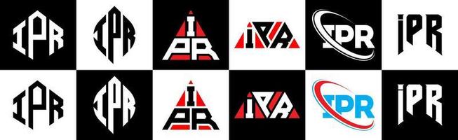 création de logo de lettre ipr en six styles. polygone ipr, cercle, triangle, hexagone, style plat et simple avec logo de lettre de variation de couleur noir et blanc dans un plan de travail. logo minimaliste et classique ipr vecteur