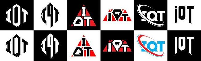 création de logo de lettre iqt en six styles. polygone iqt, cercle, triangle, hexagone, style plat et simple avec logo de lettre de variation de couleur noir et blanc dans un plan de travail. logo minimaliste et classique iqt vecteur