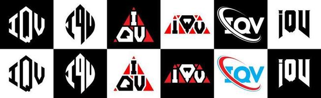 création de logo de lettre iqv en six styles. polygone iqv, cercle, triangle, hexagone, style plat et simple avec logo de lettre de variation de couleur noir et blanc dans un plan de travail. logo minimaliste et classique iqv vecteur
