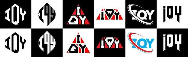 création de logo de lettre iqy en six styles. polygone iqy, cercle, triangle, hexagone, style plat et simple avec logo de lettre de variation de couleur noir et blanc dans un plan de travail. logo minimaliste et classique iqy vecteur