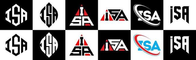 création de logo de lettre isa en six styles. est un polygone, un cercle, un triangle, un hexagone, un style plat et simple avec un logo de lettre de variation de couleur noir et blanc dans un plan de travail. est un logo minimaliste et classique vecteur