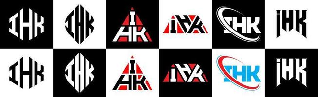 création de logo de lettre ihk en six styles. ihk polygone, cercle, triangle, hexagone, style plat et simple avec logo de lettre de variation de couleur noir et blanc dans un plan de travail. ihk logo minimaliste et classique vecteur