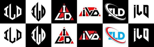 création de logo de lettre ild en six styles. ild polygone, cercle, triangle, hexagone, style plat et simple avec logo de lettre de variation de couleur noir et blanc dans un plan de travail. ild logo minimaliste et classique vecteur