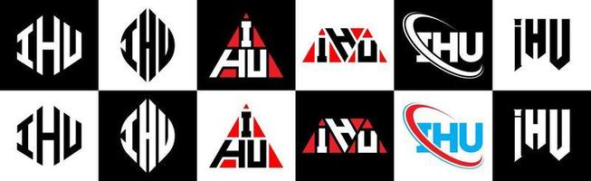 création de logo de lettre ihu en six styles. ihu polygone, cercle, triangle, hexagone, style plat et simple avec logo de lettre de variation de couleur noir et blanc dans un plan de travail. ihu logo minimaliste et classique vecteur