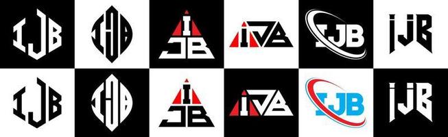 création de logo de lettre ijb en six styles. polygone ijb, cercle, triangle, hexagone, style plat et simple avec logo de lettre de variation de couleur noir et blanc dans un plan de travail. logo minimaliste et classique ijb vecteur