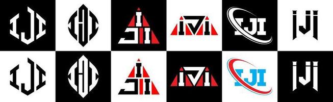 création de logo de lettre iji en six styles. iji polygone, cercle, triangle, hexagone, style plat et simple avec logo de lettre de variation de couleur noir et blanc dans un plan de travail. iji logo minimaliste et classique vecteur