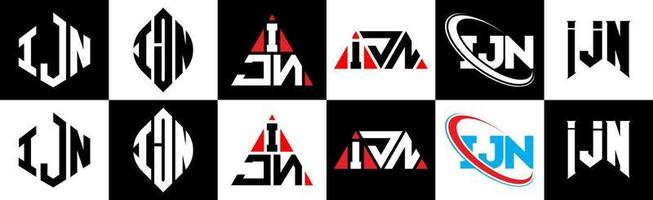 création de logo de lettre ijn en six styles. ijn polygone, cercle, triangle, hexagone, style plat et simple avec logo de lettre de variation de couleur noir et blanc dans un plan de travail. logo minimaliste et classique ijn vecteur