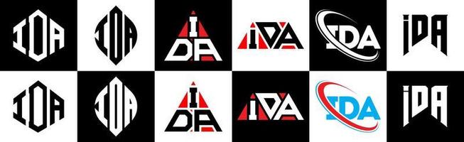 création de logo de lettre ida en six styles. polygone ida, cercle, triangle, hexagone, style plat et simple avec logo de lettre de variation de couleur noir et blanc dans un plan de travail. logo minimaliste et classique ida vecteur