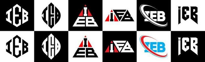 création de logo de lettre ieb en six styles. ieb polygone, cercle, triangle, hexagone, style plat et simple avec logo de lettre de variation de couleur noir et blanc dans un plan de travail. logo minimaliste et classique ieb vecteur