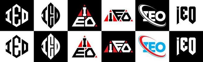 création de logo de lettre ieo en six styles. ieo polygone, cercle, triangle, hexagone, style plat et simple avec logo de lettre de variation de couleur noir et blanc dans un plan de travail. ieo logo minimaliste et classique vecteur
